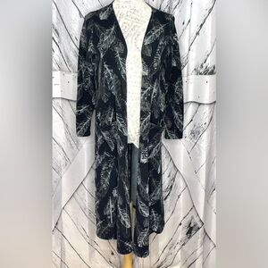 LULAROE Duster Kimono Cardigan Black W/Feather Print M